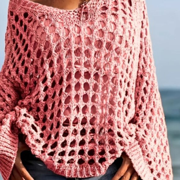 Pink Open-Knit Women's Sweater Crochet Long Sleeve Knit Cover Up Sz S M L XL - Picture 4 of 5